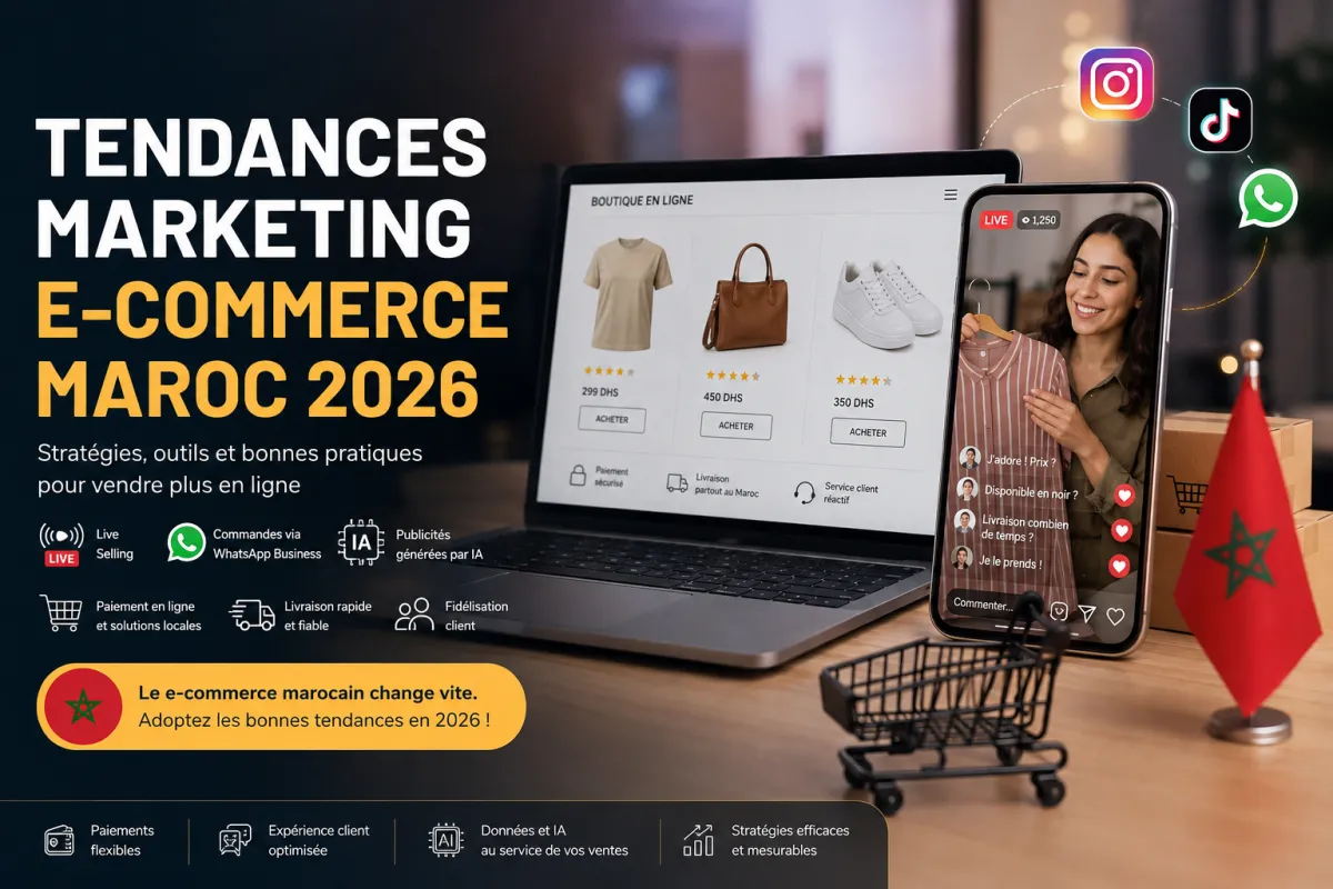 Entrepreneur marocain gérant sa boutique en ligne sur ordinateur et smartphone