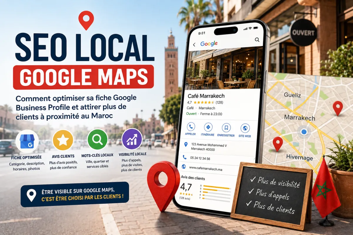 Carte Google Maps affichant des commerces locaux au Maroc