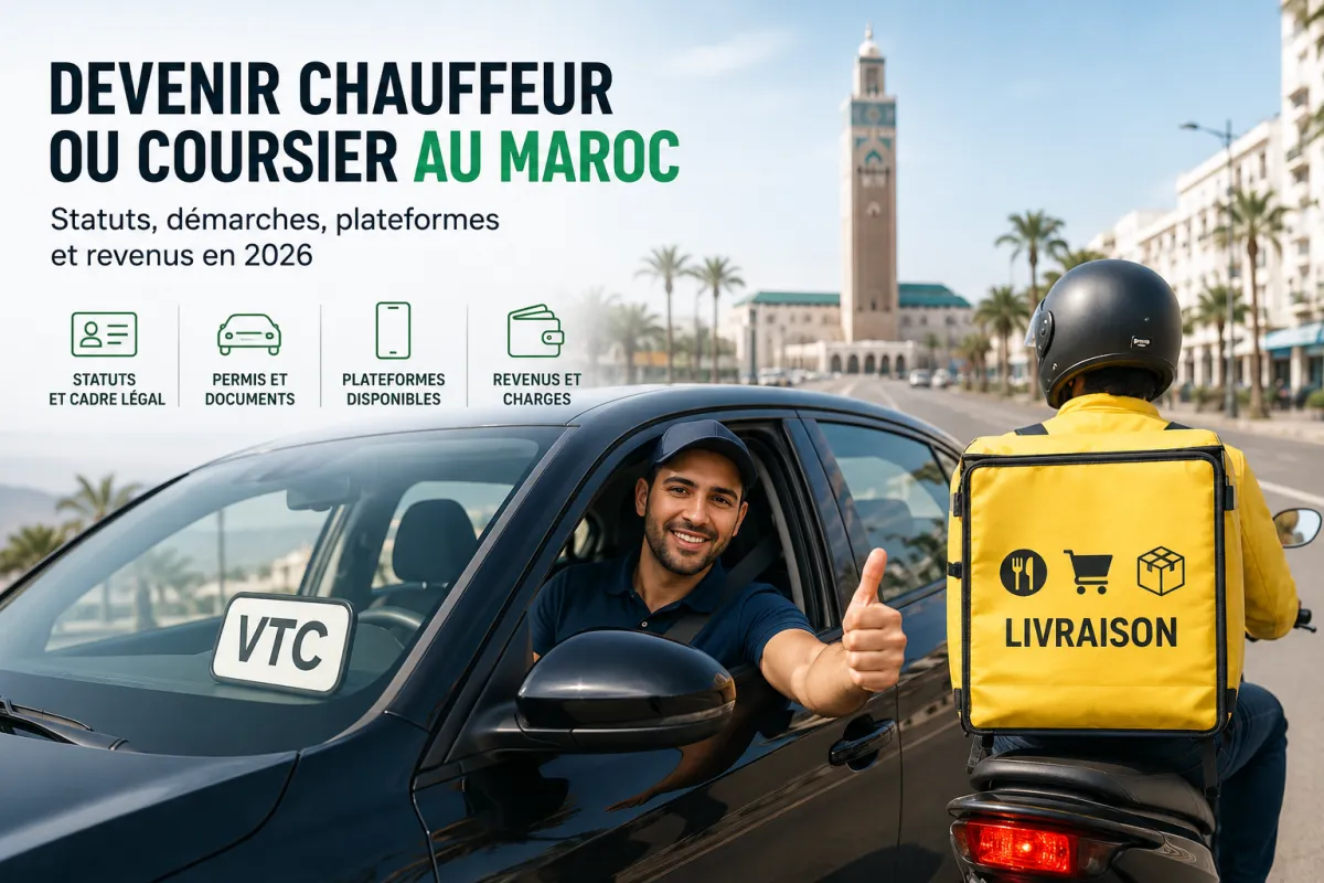 Chauffeur de VTC et coursier à moto circulant en ville au Maroc