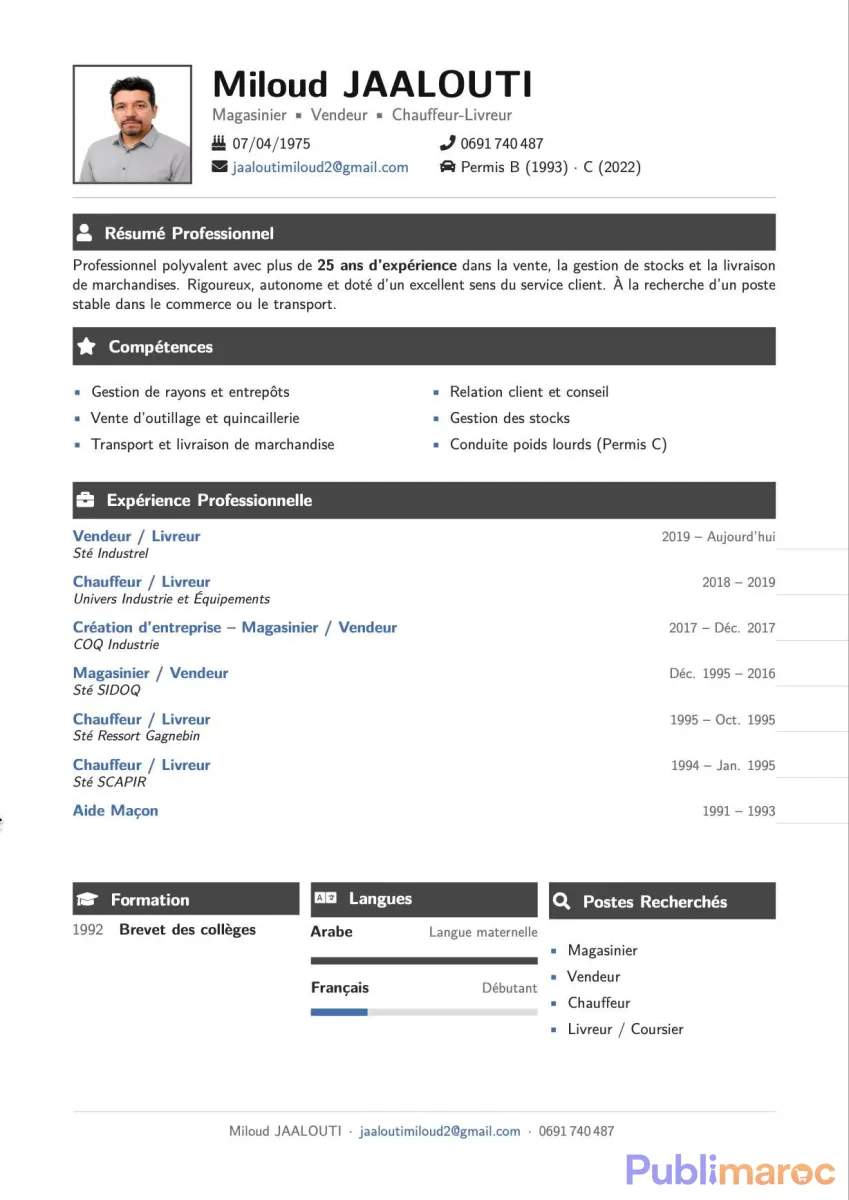RECHERCHE D’EMPLOI – CASABLANCA | DISPONIBLE IMMÉDIATEMENT